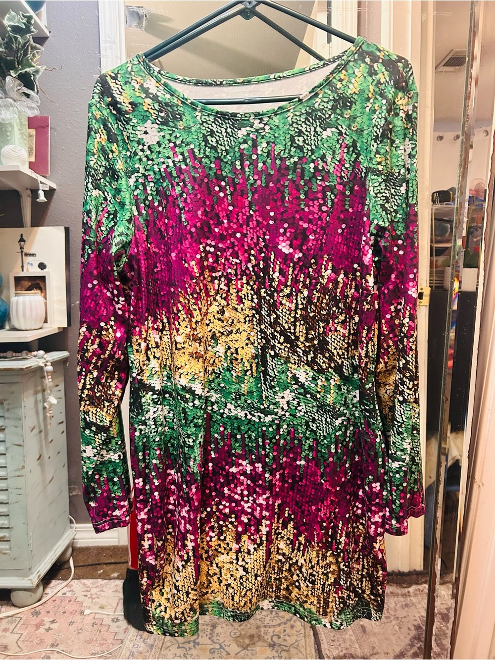 Vibrant Sequin Ombre Tunic Dress - Pink, Green & Gold